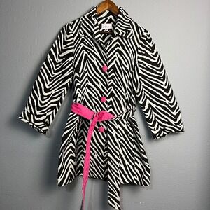 Vintage 3 Sisters Med Zebra Print Pink Trim Belted Trench Coat Jacket Sexy Artsy